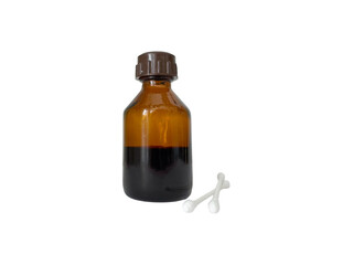Iodine bottle with cotton swab on white background medical antiseptic