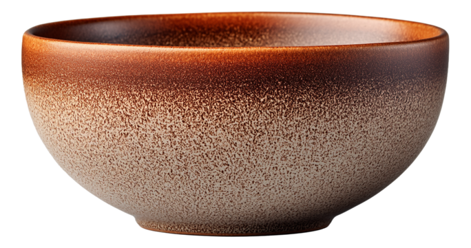 Textured ceramic bowl with speckled brown gradient finish, showcasing minimalist design on transparent background.