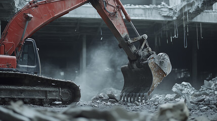 Excavator demolishing a building