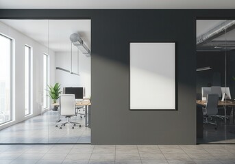 Modern Office Interior Design Mockup Blank Poster Wall Minimalist Workspace Room Gray Desk Clean