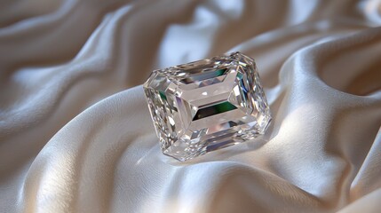 Large, flawless emerald-cut diamond on fine fabric.