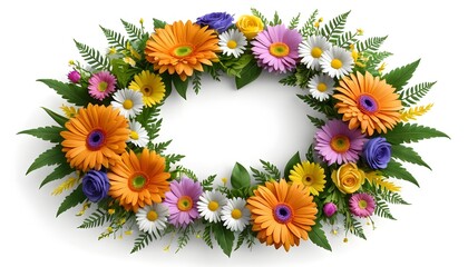 Fototapeta premium Elegant digital illustration of a floral border frame in teal green, adorned with 3D rendered blossoms, small hearts, and a butterfly perched on the top corner, high-definition 8K with clear backgroun