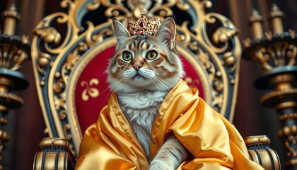 Golden-robed cat sits regally on ornate throne, luxury, gold