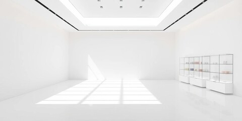 Empty minimalist white interior with soft light and subtle shadow, ideal for product display, grey,  aesthetic