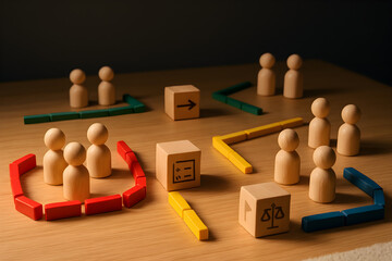 Abstract wooden workplace scene showcasing team division, task delegation, and organizational structure with symbolic elements such as colored dominoes, polished cubes, minimalist task icons, and warm