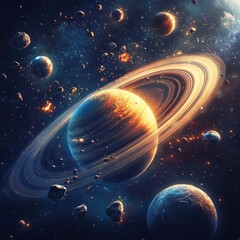 A vibrant ringed planet amidst cosmic chaos, surrounded by asteroids and fiery debris in a nebula