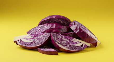 Sliced Red Cabbage Pieces Arranged on a Yellow Background Displaying Healthy Organic Food and Freshness