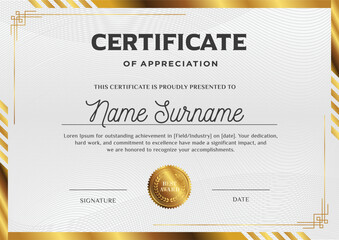 Certificate template with modern elegant golden 
frame border vector design, diploma
certificate of achievement, appreciation template