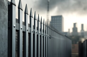 Fototapeta premium Gray metal fence, sharp points, urban backdrop