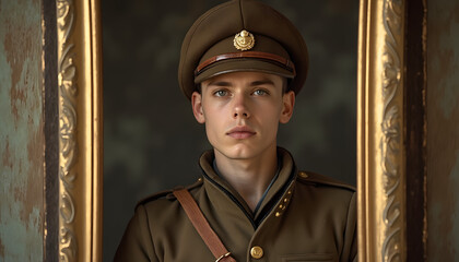 Obraz premium Photo of a soldier in a vintage frame 