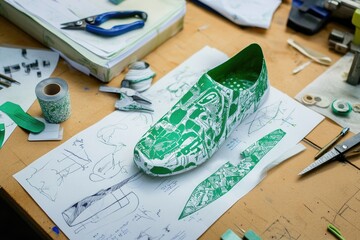Green slip-on shoe prototype on a design table amidst tools and sketches
