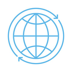 A clean and modern illustration of a globe encircled by arrows, symbolizing global connection