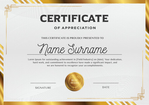 Certificate template with modern elegant golden 
frame border vector design, diploma
certificate of achievement, appreciation template