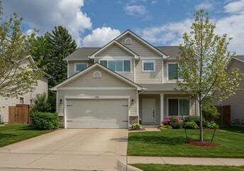 Beautiful Suburban House Exterior Beige Siding Two Story Home Real Lawn Trees Dream Estate Garage