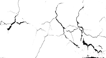 Crack vector isolated elements. Black and white texture. Broken glass background. Earthquake isolated concrete. Kintsugi crack. Damage of surface.