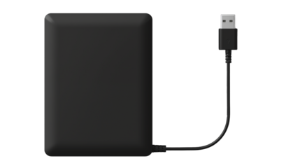 A black external hard drive with a usb cable on a completely black background