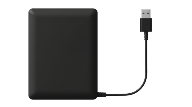 A black external hard drive with a usb cable on a completely black background