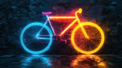 Fototapeta premium Neon bicycle art installation against a textured urban wall backdrop