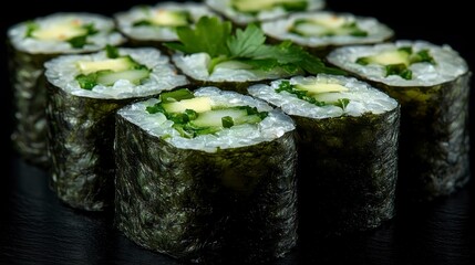 Sushi rolls with seaweed, rice, cucumber, cheese, and green garnish on a dark surface