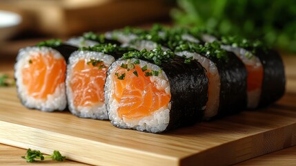 Salmon rolls on wooden board