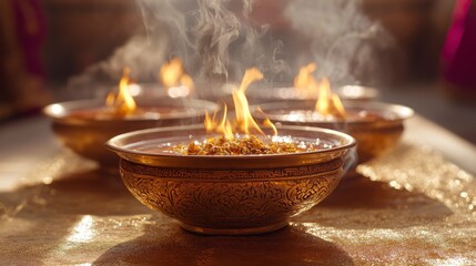 Ornate bowls holding fire, emitting smoke, sitting on a shiny surface