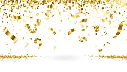 Gold confetti and streamers on white background.  A festive celebration backdrop with gold confetti and streamers falling against a white background.  