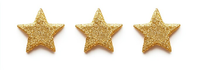 Three golden glitter stars on a white background