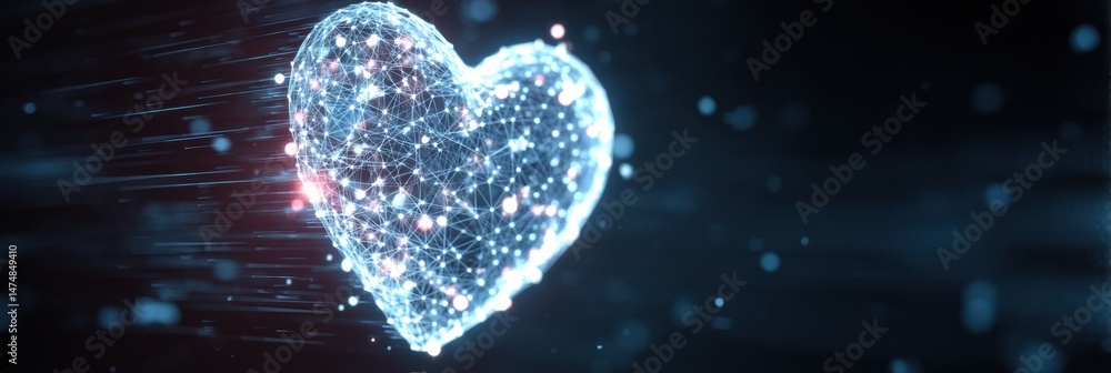 Poster Digital Clean Heart Icon Shines Brightly Over an Abstract Background With Glowing Particles and Streaks of Light Created in a Futuristic Style