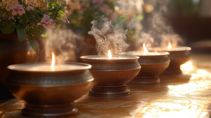 Row of candles burning with wisps of smoke in decorative bowls on a textured surface with floral arrangement