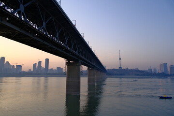 Wuhan Yangtze River Bridge at dusk, low angle view