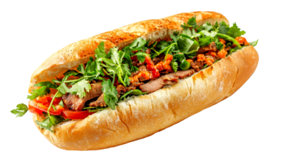 Delicious Vietnamese Banh Mi Sandwich with Pork and Fresh Herbs Isolate on Transparent Background, cutout, png