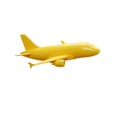 Bright yellow airplane in flight. Ready for takeoff! 3d rendering isolated on white background. Cartoon plastic style