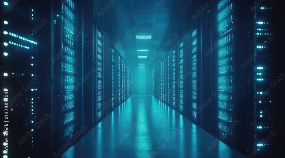 Aufkleber Futuristic data center corridor with glowing blue server racks extending into a vanishing point, showcasing technology infrastructure and digital network systems