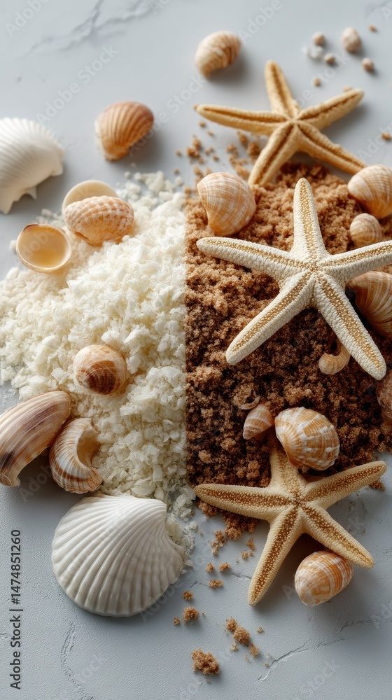 Poster captivating coastal design featuring seashells and starfish on a minimalist background for presentat