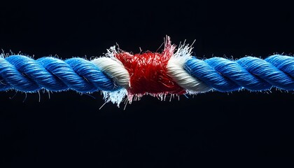 Close-up view of a broken knot in two contrasting colored ropes.