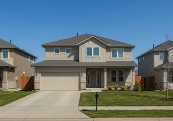 Fototapeta premium Beautiful Suburban Two Story House Exterior Design Modern Home Gray Roof Lawn Beige Doors Family