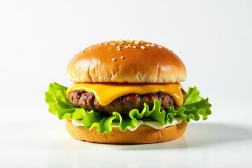 A burger with cheese and lettuce on a white background , cheese, meat, snack