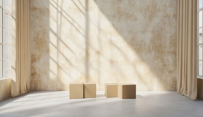 Sunlit Empty Room with Cardboard Boxes and Beige Walls