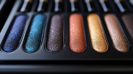 Colorful eyeshadow palette with various shades and a dark background