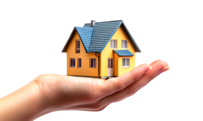 Hand Holding Miniature House for Real Estate Concept Imagery Isolate on Transparent Background, cutout, png