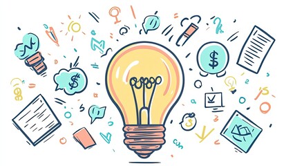 A lightbulb surrounded by brainstorming doodles, symbolizing creative ideas and financial success