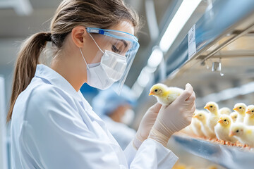Female veterinarian scientist examining chicks in hatchery laboratory