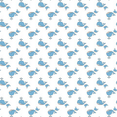 Seamless Pattern Featuring Adorable Blue Whales and Birds on a White Background
