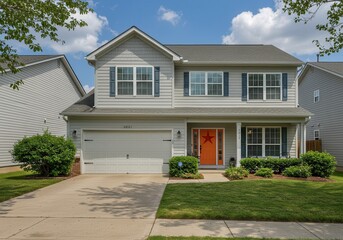 Beautiful Two Story House Exterior Modern Design Suburban Home Real Estate Property door grey lawn
