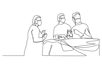  continuous one line art group of team surgeon doctor doing surgery operation to the patient with critical condition.