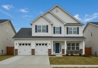 Beautiful Two Story House Exterior Modern Design Suburban Home Real Estate roof grey lawn brick