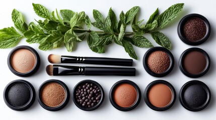 Makeup containers & brushes arranged with green sprigs on white background in neutral light