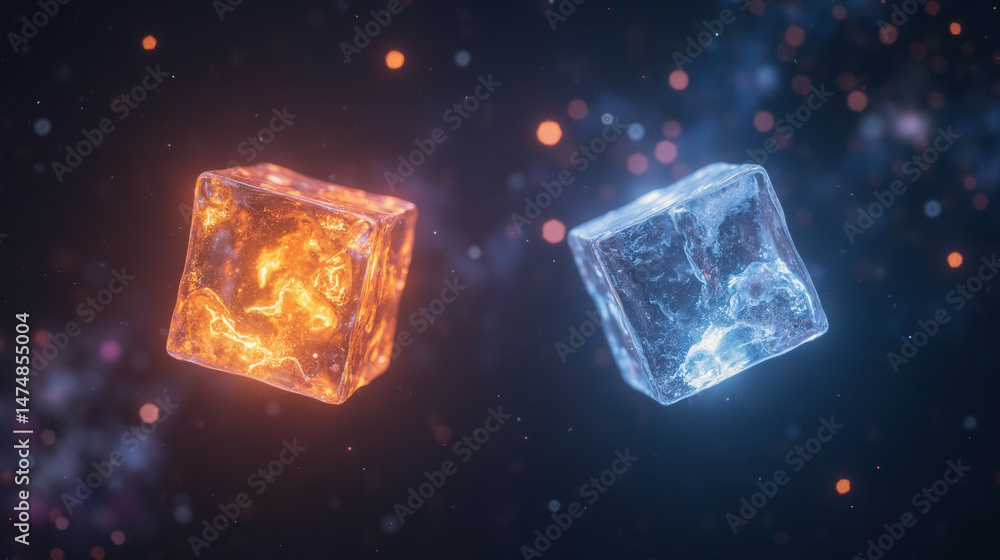 Poster glowing ice cubes in contrasting colors of orange and blue create mesmerizing visual effect, evoking