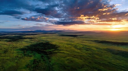Aerial Sunset Over a Plains Landscape