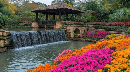 Serene garden pavilion with cascading waterfall and vibrant flowers